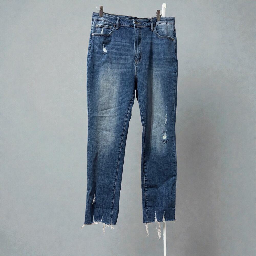 Risen Los Angeles‎ Distressed Raw Hem Straight Leg Jeans 32 15 Blue High Rise